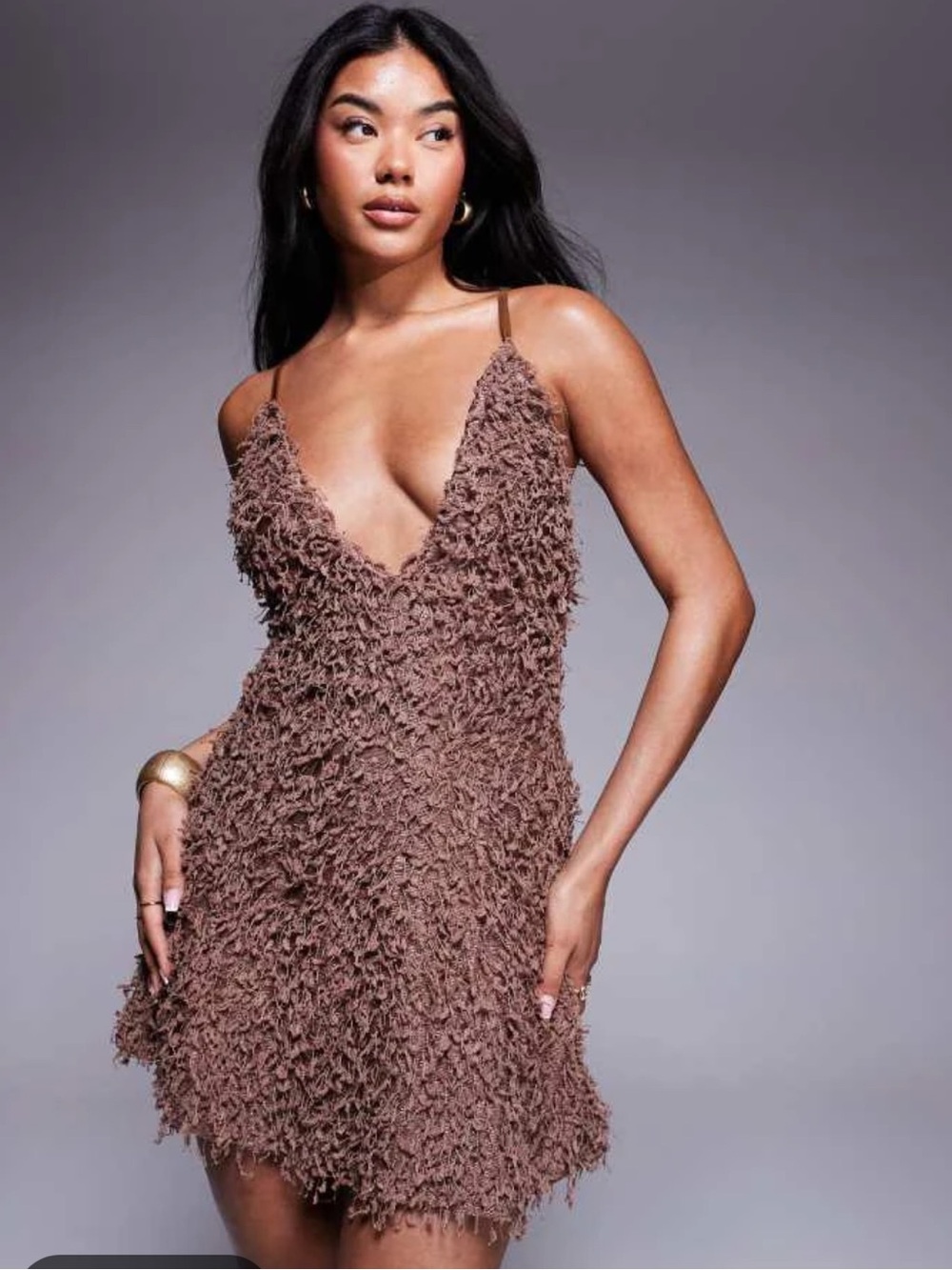 ASOS DESIGN Textured Fluffy Mini Dress Brown Deep V Sleeveless Party Dress XS